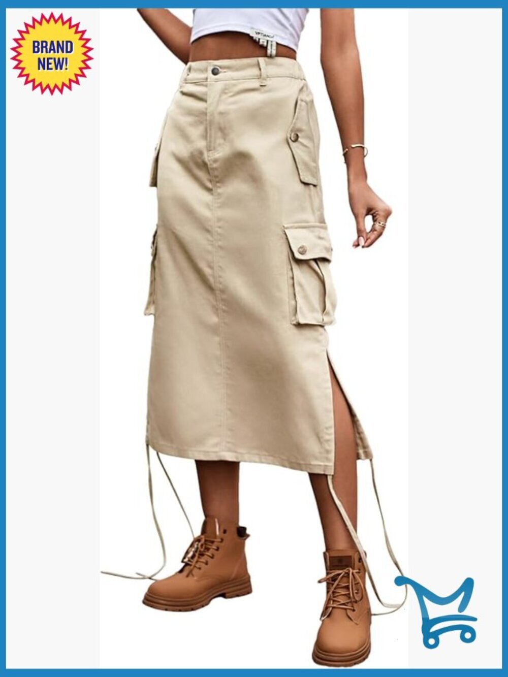 High Waist Cargo Denim Jean Skirt Below Knee with Pockets